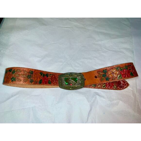 Unisex DUN DEE 70's TOOLED Western Leather Belt w/ ENAMEL HORSE Buckle - Picture 4 of 8